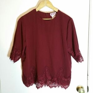 Three Pink Hearts wine half sleeved lace blouse